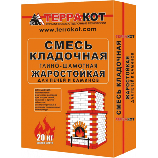 Большое фото товара - Кладочная смесь ТЕРРАКОТ Жаростойкая 20кг глино-шамотная Россия, 00000004211. Вариант №1