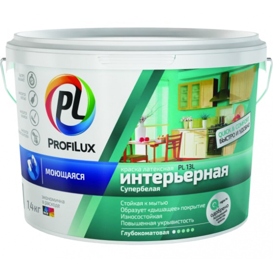 Большое фото товара - Краска в/д PROFILUX 1,4кг PL-13L база1А моющая глубокомат.ЗИМА, 00000042585. Вариант №1